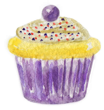 Handrawn watercolor illustration of a vanilla blueberry cupcake with sprinkles on top of it, isolated on a white backgroundの写真素材