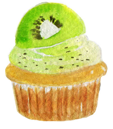 Watercolor illustration of a delicious and tasty vanilla cupcake with cream and a ripe slice of green kiwi on top of it, isolated on white backgroundの写真素材