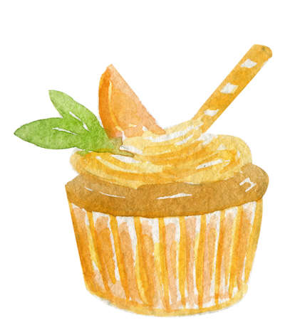 Hand drwan watercolor illustration of a delicious and tasty chocolate cupcake with a orange creamy swirl and a slice of peach or orange and two green mint leafs on top of it, isolated on white backgroundの写真素材