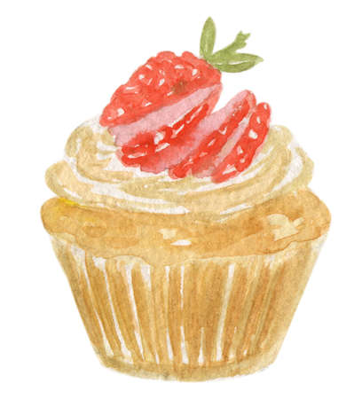 Hand drawn watercolor illustration of a delicious vanilla cupcake with a swirl of cream and a ripe red strawberry on top of it, isolated on white backgroundの写真素材