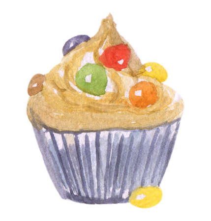Watercolor illustration of a delicious vanilla cupcake with a creamy swirl and red, green, orange, blue, yellow and brown candies on top of it, isolated on white backgroundの写真素材