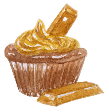 Watercolor cupcake with a creamy swirl and a chocolate candy barの写真素材