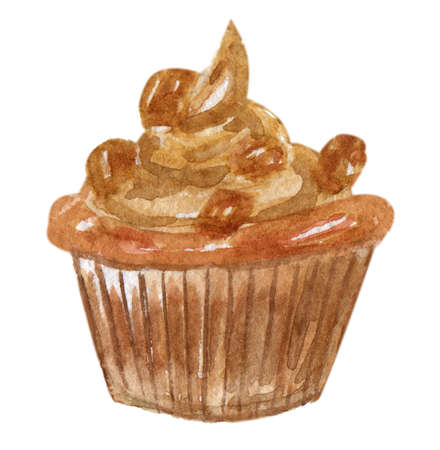 Watercolor cupcake with a creamy swirl and chocolate candies on itの写真素材