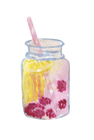 Hand drawn watecolor illustration of a summer fresh bottle of detox water, with slices of yellow lemon lime and lots of ripe red raspberry in it and a red and white straw , isolated on a white backgroundの写真素材