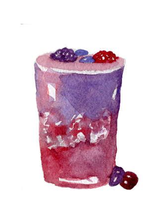 Hand drawn isolated summer drink glass on white background in watercolor, with blue, red and violet berries in it and alongside itの写真素材