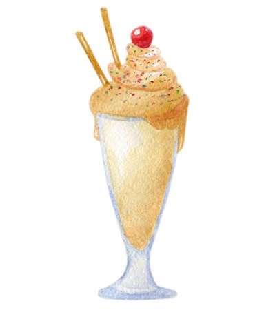 Hand drawn watercolor fresh cocktail or milk shake, with a red and ripe cherry on top, with two brown straws and foamy cream, isolated, on white backgroundの写真素材