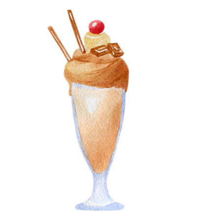 Hand drawn watercolor fresh cocktail or milk shake, with chocolate and a red and ripe cherry on top, with two brown straws, isolated, on white backgroundの写真素材
