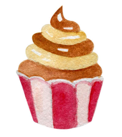 Watercolor illustration of a delicious brown chocolate cupcake with a creamy chocolate and vanilla swirl on top of it, isolated on white backgroundの写真素材