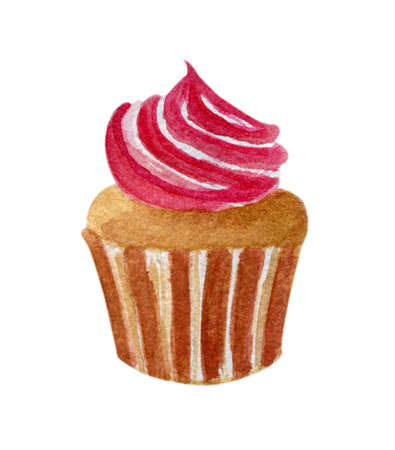 Watercolor illustration of a delicious brown chocolate cupcake with a creamy pink swirl on top of it, isolated on white backgroundの写真素材