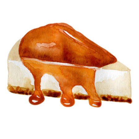 Watercolor colorful handmade delicious cheesecake with caramel sauce and chocolateの写真素材