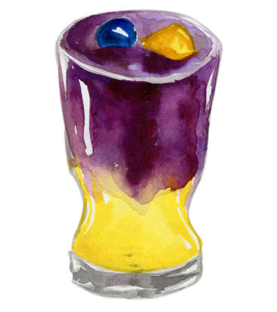 Hand drawn watercolor illustration of summer fresh cocktail with peach and blueberries.の写真素材