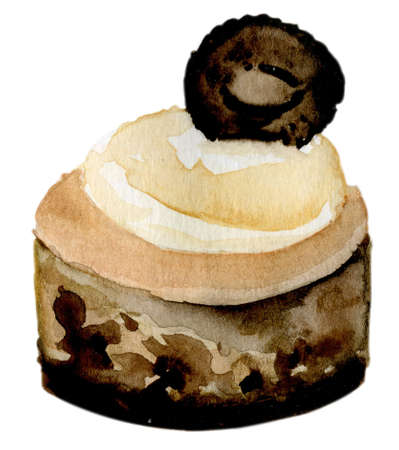 Watercolor cake with cream and chocolate on a white backgroundの写真素材