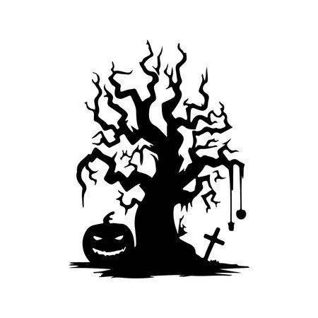 Halloween tree with pumpkin. Vector illustration. Black silhouette on white background.のイラスト素材