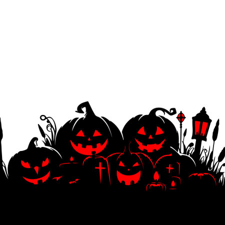 Halloween background with pumpkins, lantern and cemetery. Vector illustration.のイラスト素材