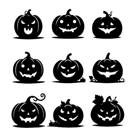 Halloween pumpkins with scary faces. Vector set of icons.のイラスト素材