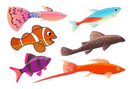 Set of Colorful Tropical Underwater Fishes Vector illustration on a white Background.のイラスト素材