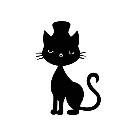 Cute cat with hat Black silhouette vector illustration on white backgroundのイラスト素材