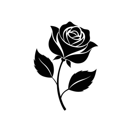 A Black Rose Silhouette vector with leaves illustration on a white backgroundのイラスト素材
