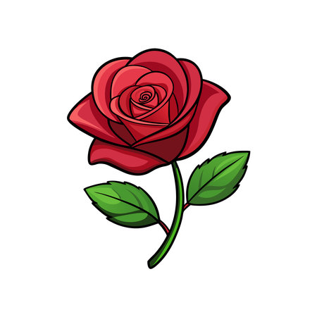 A Vibrant Beautiful Red Rose Green Leaves Vector Artworkのイラスト素材