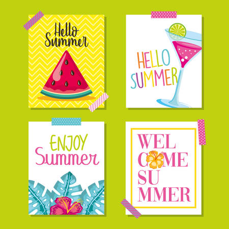 Summer cards collection with watermelon cocktail and flowers cartoons graphic digital imageのイラスト素材