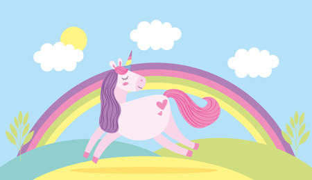 Unicorn flying in clouds and rainbow fantasy cartoons vector graphic digital imageのイラスト素材