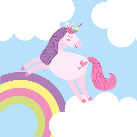 Unicorn flying in clouds and rainbow fantasy cartoons vector graphic digital imageのイラスト素材