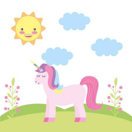 Unicorn fantasy on landscape with sun cartoons vector graphic digital imageのイラスト素材