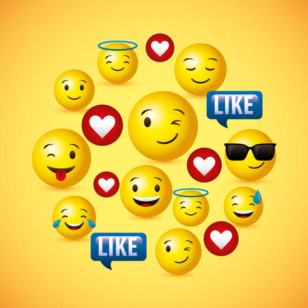 Emojis yellow round face and like chat bubbles vector digital illustration imageのイラスト素材
