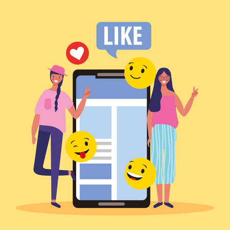 People and emojis friends with smartphone and emoticons vector digital illustration imageのイラスト素材
