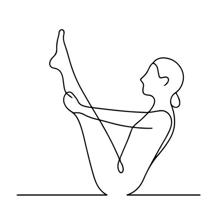 continuous line drawing of a woman practicing yoga. Vector illustration.のイラスト素材