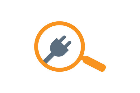 Searching for electric power. Magnifier with plug icon. Vector illustrationのイラスト素材