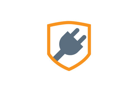 Power plug and shield logo design vector template. Power plug and shield icon.のイラスト素材