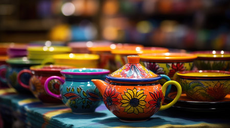 Colorful ceramic pots and teapots for sale in a shopの素材