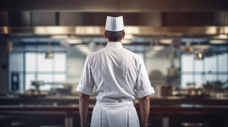 Rear view of male chef standing with hands on hips in commercial kitchenの素材