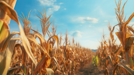 Ripe corn field with blue sky in the background, agricultural landscapeの素材