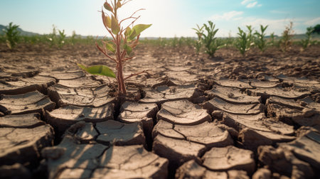 Dry and cracked earth with young plant. Global warming concept.の素材
