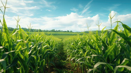 Corn field in the countryside with blue sky and white clouds background.の素材
