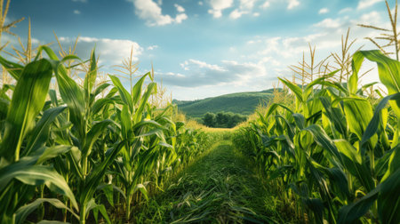 Corn field with blue sky and white clouds. Beautiful summer landscape.の素材
