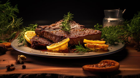 Grilled beef steak with rosemary and spices on a wooden tableの素材
