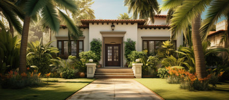 3D render of a beautiful villa in the tropics.の素材