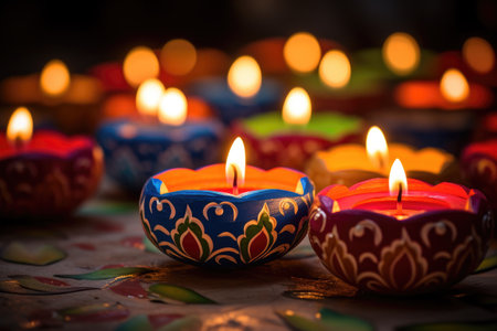Colorful diya lamps lit during Diwali celebration in Indiaの素材
