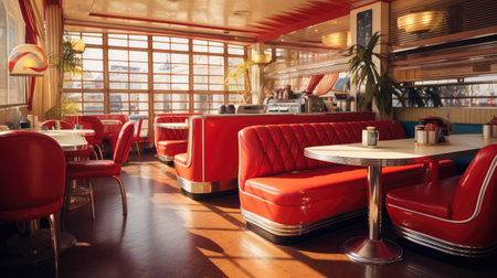Restaurant interior with red chairs and tables. Shallow depth of fieldの素材