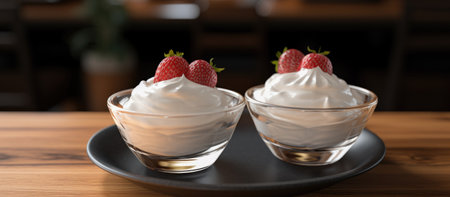Strawberries with whipped cream in a glass bowl on a wooden tableの素材