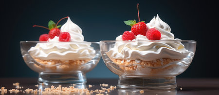 Delicious dessert with whipped cream and fresh raspberries in glass bowlsの素材