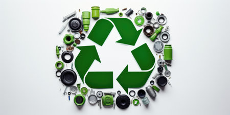 Recycling symbol surrounded by many different types of spray cans and cansの素材