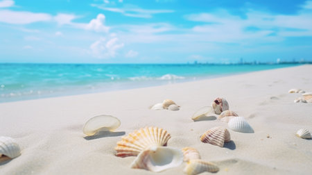 Seashells on white sand beach with turquoise water backgroundの素材