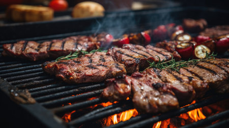 Grilled beef steaks on a barbecue grill with flames and smokeの素材