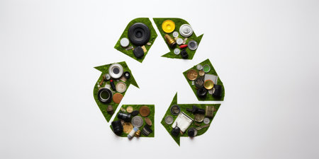Recycling symbol made of garbage on white background. Save environment conceptの素材