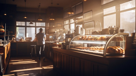 Coffee shop counter with buns and croissants. Blurred backgroundの素材