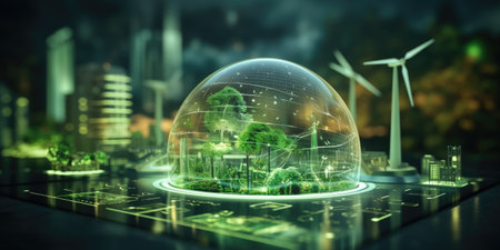 Eco city concept with wind turbines and globe. 3D renderingの素材